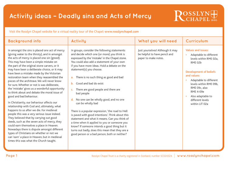 Seven Deadly Sins and Acts of Mercy Activity Ideas